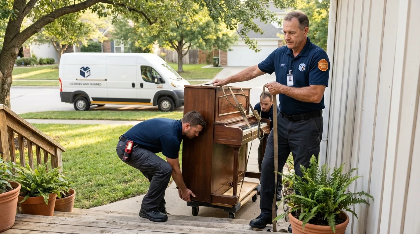 Licensed piano movers securing grand piano in Juneau, AK