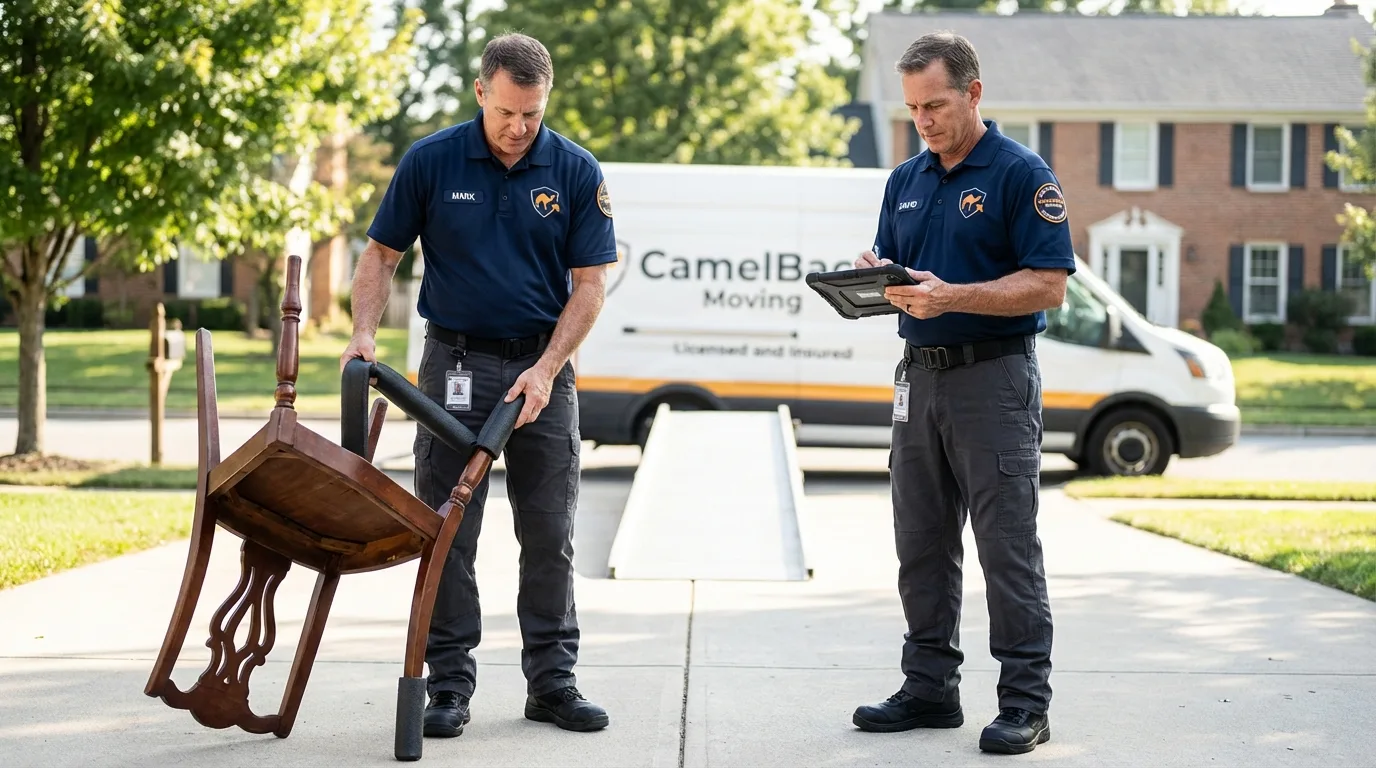 Movers inspecting furniture for damage prevention before loading in Juneau, AK